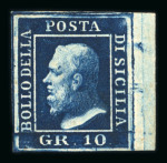 1859 10 Gr., deep blue (azzurro cupo), right sheet marginal example with good to large margins. Fresh unused example with part original gum.  A fine and attractive example of this rare shade, enhanced by the desirable sh