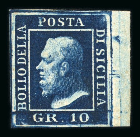 1859 10 Gr., deep blue (azzurro cupo), right sheet marginal example with good to large margins. Fresh unused example with part original gum.  A fine and attractive example of this rare shade, enhanced by the desirable sh