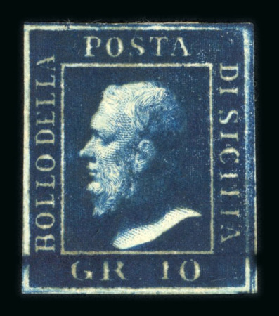 1859 10 Gr., deep blue (azzurro cupo), with four good to close margins, position 73. Fresh mint example with original gum, showing the distinctive Ivory Head variety.   A fine and attractive example of this rare shade, f