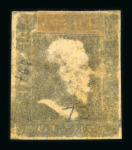 1859 10 Gr., deep blue (azzurro cupo), with four good to close margins, position 73. Fresh mint example with original gum, showing the distinctive Ivory Head variety.   A fine and attractive example of this rare shade, f
