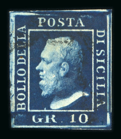 1859 10 Gr., deep blue (azzurro cupo), with four even margins. Fresh lightly used example.  A fine and attractive stamp of this rare shade, displaying excellent colour and overall appearance.   Expertise: AD pencil initi