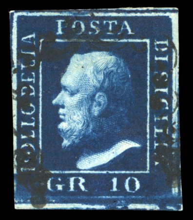 1859 10 Gr., deep blue (azzurro cupo), with four good even margins. Fine rich colour and fresh used example.  A particularly attractive stamp of this rare shade, distinguished by its deep colour and excellent overall app