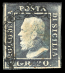 1859 20 Gr., violet-slate (ardesia violaceo), with four margins. Used example with slight discolouration on the face.  A scarce and attractive high-value stamp, showing excellent overall appearance despite the minor disc