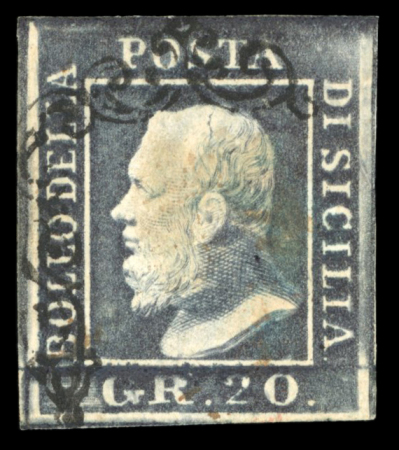 1859 20 Gr., violet-slate (ardesia violaceo), with four margins. Used example with slight discolouration on the face.  A scarce and attractive high-value stamp, showing excellent overall appearance despite the minor disc