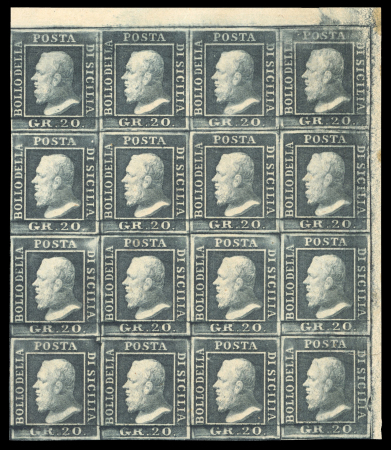 Stamp of Italian States » Sicily » 20 Grana » Stamps Sicily 1859 20Gr grigio ardesia corner marginal block of 16 large part or full o.g.