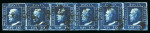 1859 10 Gr., dark blue (azzurro scuro), horizontal strip of six, positions 92–97, with good to close margins, just touching at the upper left. Fresh used example. Signed Russo and accompanied by an Alberto Diena certific