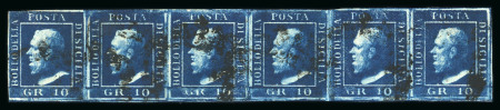 1859 10 Gr., dark blue (azzurro scuro), horizontal strip of six, positions 92–97, with good to close margins, just touching at the upper left. Fresh used example. Signed Russo and accompanied by an Alberto Diena certific