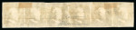 1859 10 Gr., dark blue (azzurro scuro), horizontal strip of six, positions 92–97, with good to close margins, just touching at the upper left. Fresh used example. Signed Russo and accompanied by an Alberto Diena certific