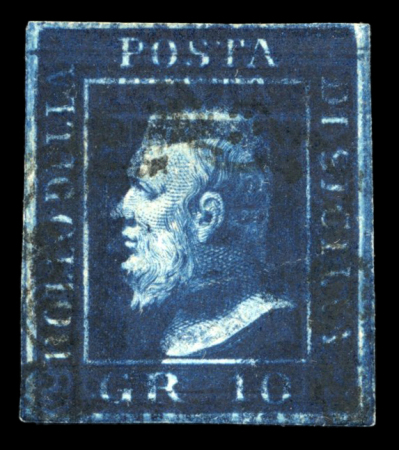 Stamp of Italian States » Sicily » 10 Grana » Stamps Sicily 1859 10Gr azzurro cupo complete double print used, slight central thin, possibly unique