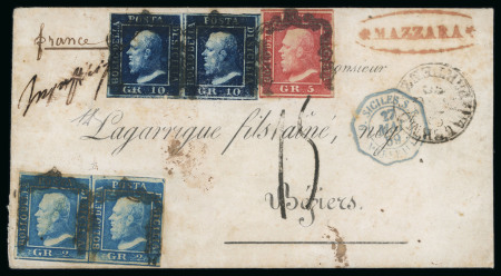1859 10 Gr., pair, 5 Gr., and pair of 2 Gr., on envelope dated May to Béziers, France, making up the 29 grana rate. Cancelled by framed handstamps, with red oval-framed MAZZARA despatch handstamp and Palermo Partenza tra