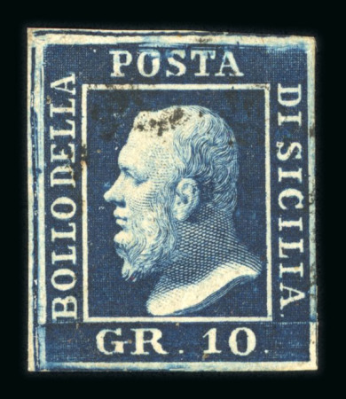 1859 10 Gr., deep blue (azzurro cupo), position 1 showing retouch (horizontal lines above “POSTA”), with four even margins. Used an example with an extremely rare dark indigo to blue-black shade.  A scarce and attractive