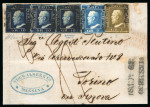 1859 10 Gr., three singles of the deep blue shade (azzurro cupo), together with 1 Gr. Plate II and 2 Gr. Plate III, on entire from Messina to Turin, endorsed "via Genova" and struck with the red three-line Piroscafi / Po