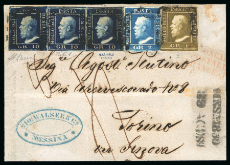 1859 10 Gr., three singles of the deep blue shade (azzurro cupo), together with 1 Gr. Plate II and 2 Gr. Plate III, on entire from Messina to Turin, endorsed "via Genova" and struck with the red three-line Piroscafi / Po