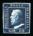 1859 10 Gr., indigo (indaco), position 4 showing retouch (horizontal lines at upper left extending from the “P” of “POSTA” to the margin), with four margins. Fresh unused example without gum.   A scarce and attractive ex