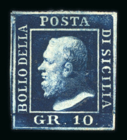 1859 10 Gr., indigo (indaco), position 4 showing retouch (horizontal lines at upper left extending from the “P” of “POSTA” to the margin), with four margins. Fresh unused example without gum.   A scarce and attractive ex