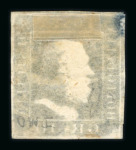 1859 10 Gr., indigo (indaco), position 4 showing retouch (horizontal lines at upper left extending from the “P” of “POSTA” to the margin), with four margins. Fresh unused example without gum.   A scarce and attractive ex