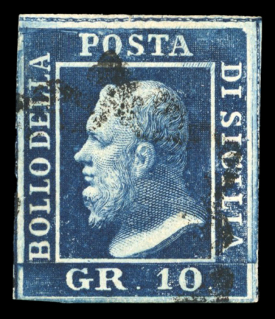 1859 10 Gr., deep blue (azzurro cupo), position 4 showing retouch (horizontal lines at upper left extending from the “P” of “POSTA” to the margin), with four good to large margins. Fine used example.  A scarce and attrac