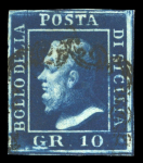1859 10 Gr., deep blue (assuro scuro), position 8 showing retouch (the upper line above “POSTA” completely re-cut), with good to large margins. Fine used example.  A scarce and attractive example of this recorded retouch