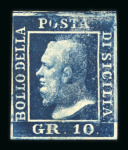 Stamp of Italian States » Sicily » 10 Grana » Retouches Sicily 1859 10 Gr. indigo (indaco), mint with original brownish gum, position 9 retouch (top right frame line), four good margins, fresh and very fine.