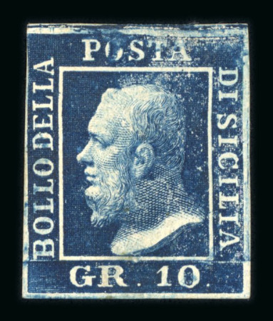 Stamp of Italian States » Sicily » 10 Grana » Retouches Sicily 1859 10 Gr. indigo (indaco), mint with original brownish gum, position 9 retouch (top right frame line), four good margins, fresh and very fine.