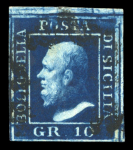 1859 10 Gr., deep blue (azzurro cupo), position 9 showing retouch (upper right frame line), with good to large margins. Fine used example.  A scarce and attractive example of this recorded retouched position, displaying 