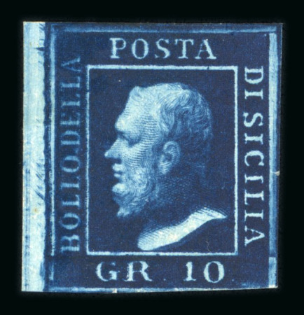 1859 10 Gr., deep blue (azzurro cupo), position 21 showing retouch (completed upper right corner), left sheet marginal example with the other margins good. Fresh unused example without gum.  A scarce and attractive examp