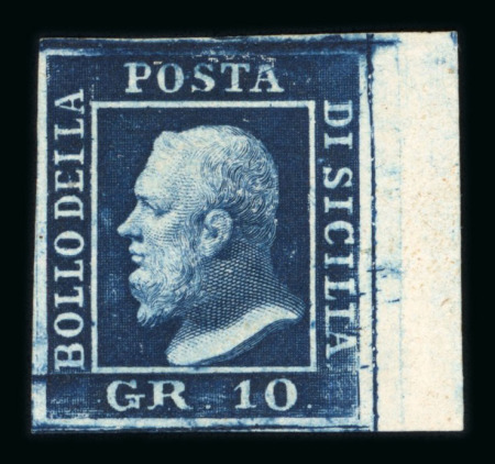 Stamp of Italian States » Sicily » 10 Grana » Retouches 1859 10 Gr. indigo (indaco), unused without gum, right-hand sheet marginal, showing position 60 retouch (bottom right corner), good margins on other sides, extremely fine and scarce.