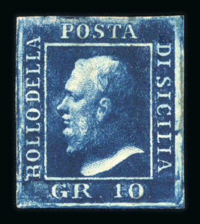 1859 10 Gr., deep blue (azzurro cupo), position 61 showing retouch (line above the “B” of “Bollo”), with four even margins. Fresh unused example with part original gum.   A scarce and attractive example of this recorded 