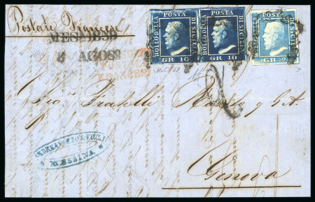 1859 10 Gr., deep blue (azzurro cupo), horizontal pair together with a 2 Gr., on entire dated 8 August to Genoa, the left-hand 10 Gr. showing position 61 retouch (line above the “B” of “Bollo”). Endorsed "Postale Frances