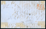 1859 10 Gr., deep blue (azzurro cupo), horizontal pair together with a 2 Gr., on entire dated 8 August to Genoa, the left-hand 10 Gr. showing position 61 retouch (line above the “B” of “Bollo”). Endorsed "Postale Frances