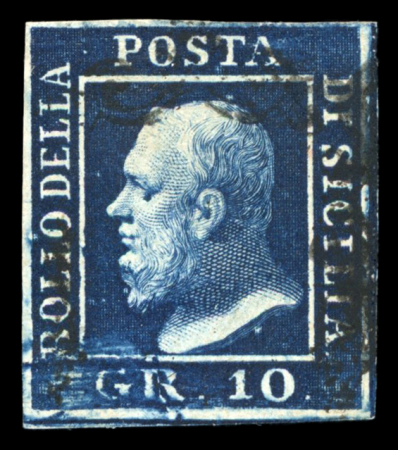 Stamp of Italian States » Sicily » 10 Grana » Retouches 1859 10 Gr. indigo (indaco), used with four even margins, showing position 67 retouch ('R' of 'Gr'), fresh, very fine and scarce.