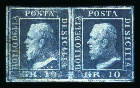 1859 10 Gr., indigo (indaco), horizontal pair, one stamp showing position 91 retouch, with four good to large margins. Fresh mint multiple with original brownish gum. The retouched stamp has a small surface disturbance. 