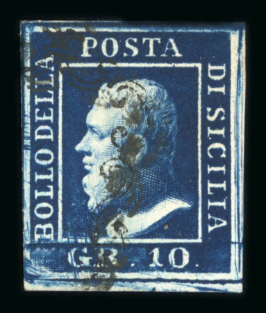 1859 10 Gr., indigo (indaco), position 91 showing retouch (around the “G” of “GR”), with four good to large margins. Fine used example.  A scarce and attractive example of this recorded retouched position, displaying exc