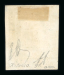 1859 10 Gr., indigo (indaco), position 91 showing retouch (around the “G” of “GR”), with four good to large margins. Fine used example.  A scarce and attractive example of this recorded retouched position, displaying exc