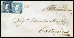Stamp of Italian States » Sicily » 10 Grana » Retouches 1859 (24.5) Folded registered letter sheet Palermo to Catania with oval framed Assicurata handstamp, franked 10 Gr. indaco showing position 91 retouch and a 2Gr. plate II, stamps fine and fresh with good margins, some sm