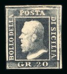 1859 20 Gr., black-slate (nero ardesia), with four good to large margins. Fresh, mint example with original brownish gum.  A scarce and highly attractive example of this rare shade, displaying excellent freshness, rich c