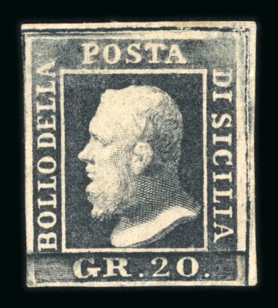1859 20 Gr., black-slate (nero ardesia), with four good to large margins. Fresh, mint example with original brownish gum.  A scarce and highly attractive example of this rare shade, displaying excellent freshness, rich c