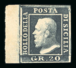 Stamp of Italian States » Sicily » 20 Grana » Stamps 1859 20 Gr. black slate (nero ardesia), mint with usual original brownish gum, left-hand sheet marginal with good other margins, fresh, extremely fine and rare.
