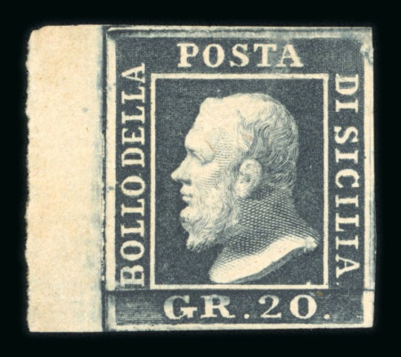 Stamp of Italian States » Sicily » 20 Grana » Stamps 1859 20 Gr. black slate (nero ardesia), mint with usual original brownish gum, left-hand sheet marginal with good other margins, fresh, extremely fine and rare.