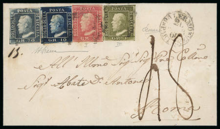 1859 20 Gr., slate-grey (grigio ardesia), 10 Gr., indigo (indaco), 5 Gr. Plate I, carmine-rose (rosa carminio), and 1 Gr. Plate III, light olive-green (verde oliva chiaro), on cover dated 26 March to Rome. The 1 Gr. has 