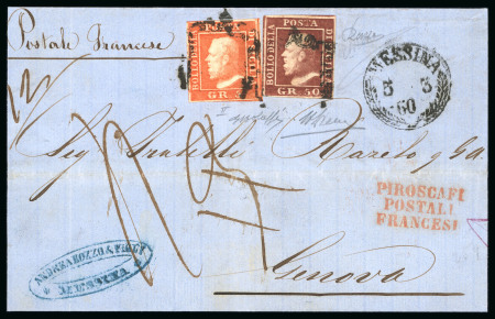 Stamp of Italian States » Sicily » 50 Grana » Covers 1860 (5 3) Folded letter sheet from Messina to Genova, franked 50 Gr. brown lake (lacca bruno) and 5 Gr. plate II, bright vermilion (vermiglio vivo), tied framed cancels, each fresh with four margins, endorsed to travel 