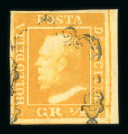 1859 1/2 Gr. plate I, light yellow (giallo chiaro), position 70, good to large sheet margin on the right, fine and fresh, a wonderful used example of the plate one  Expertise: Cert. A. Diena (1967). Cert. Giacomo Bottacc