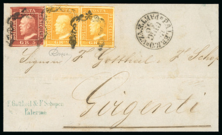 Stamp of Italian States » Sicily » 1/2 Grano, Plate I » Covers Sicily 1859 1/2Gr plate I light yellow-orange pair and 5Gr plate I dark carmine on 1859 outer letter sheet from Palermo