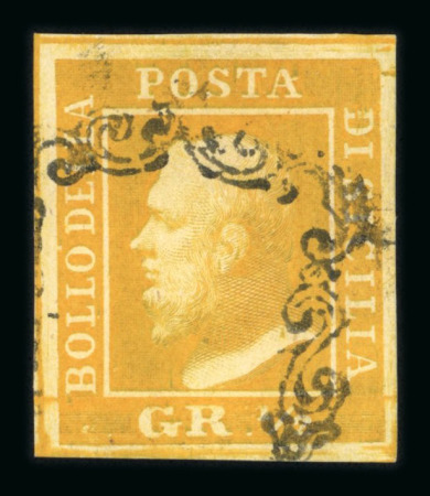 1859 1/2 Gr. plate I, porous paper (NA) olive yellow (giallo oliva), four good to large margins used with low cancel, very fine and extremely rare as the olive yellow shade is a great rarity.  Expertise: Signed A. Fiecch