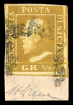 1859 1/2 Gr. plate I, olive-yellow (giallo oliva), single with four margins, together with 1 Gr. and 2 Gr., on 1859 entire to France. Fine condition.  A remarkable and highly important three-colour franking, made especia
