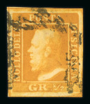 1859 1/2 Gr. plate I, porous paper (NA), deep orange (arancio scuro), large even-margined used single on small fragment, very fine and rare in this condition  Expertise: Signed E.Diena, "AD" Alberto Diena, Cert. Giacomo 