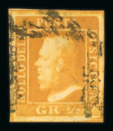 1859 1/2 Gr. plate I, porous paper (NA), deep orange (arancio scuro), large even-margined used single on small fragment, very fine and rare in this condition  Expertise: Signed E.Diena, "AD" Alberto Diena, Cert. Giacomo 