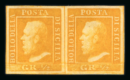 Stamp of Italian States » Sicily » 1/2 Grano, Plate I » Stamps Sicily 1859 1/2g arancio scuro four margin mint horizontal pair large part o.g.
