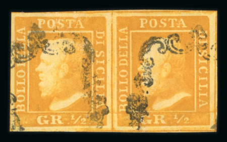 Stamp of Italian States » Sicily » 1/2 Grano, Plate I » Stamps Sicily 1859 1/2g deep orange (arancio scuro) four margin horizontal pair used