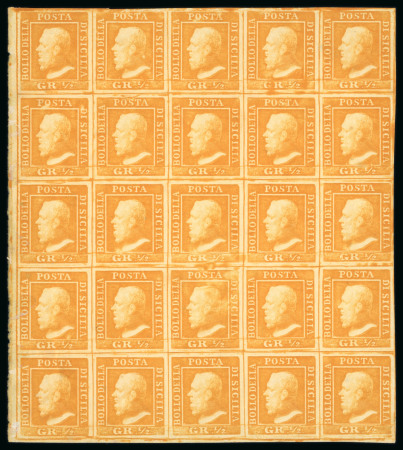 Stamp of Italian States » Sicily » 1/2 Grano, Plate I » Stamps Sicily 1859 1/2 Gr. plate I, white paper (PA) orange (arancio), left-hand mint sheet marginal block of 25